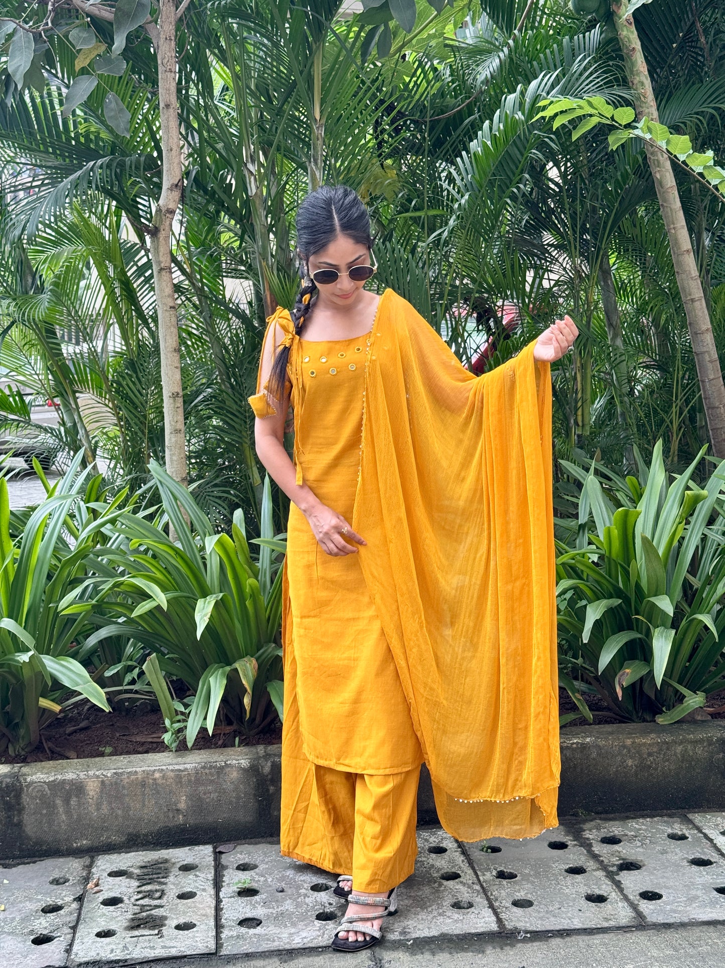 YelloMustardw Mirror Work Kurta Set with Dupatta – Festive Elegance