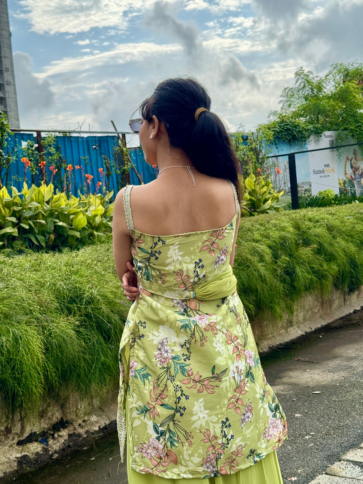 πΈ Lime Green Floral Kurta Set with Palazzo β Traditional Elegance