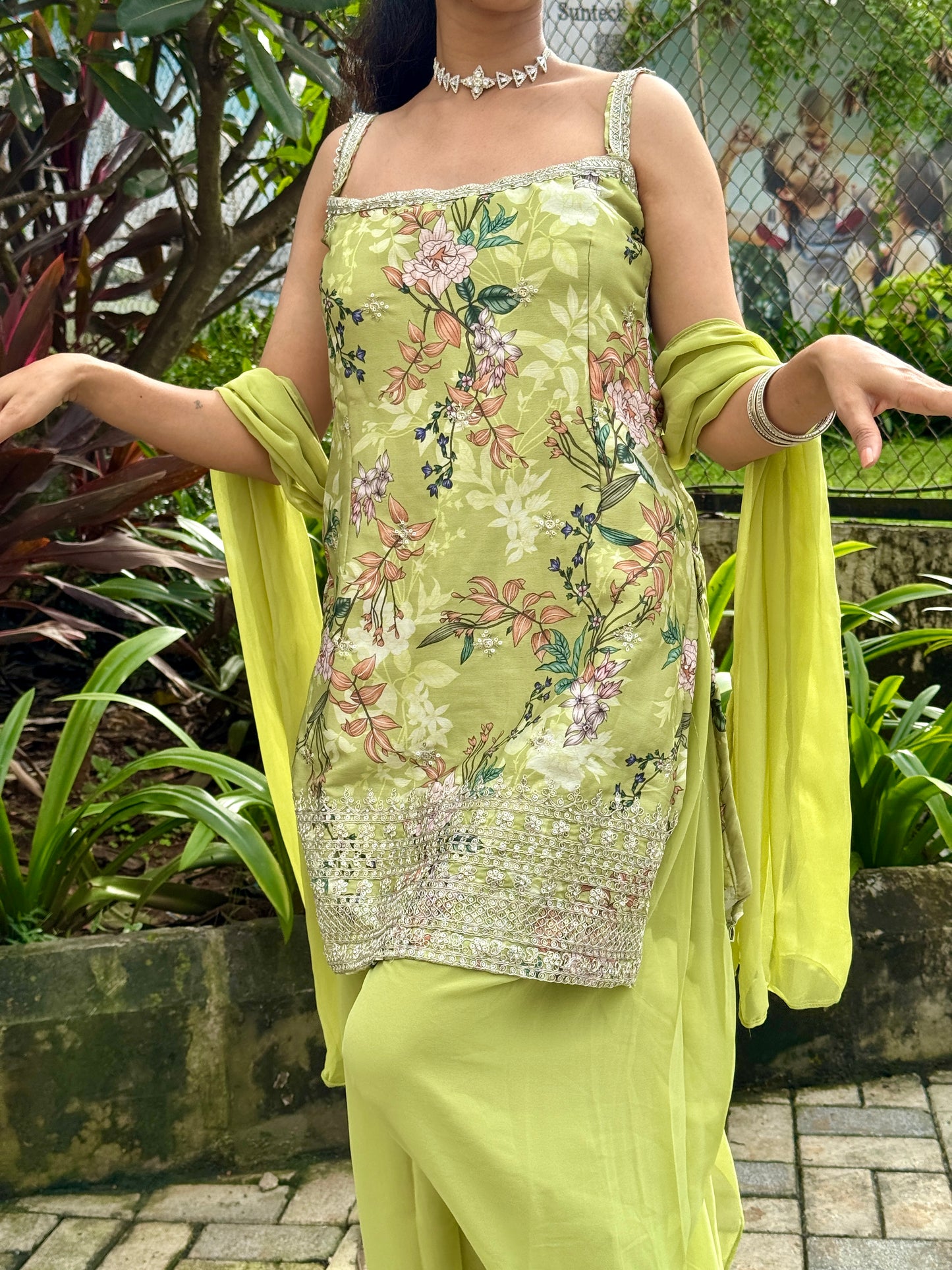 🌸 Lime Green Floral Kurta Set with Palazzo – Traditional Elegance