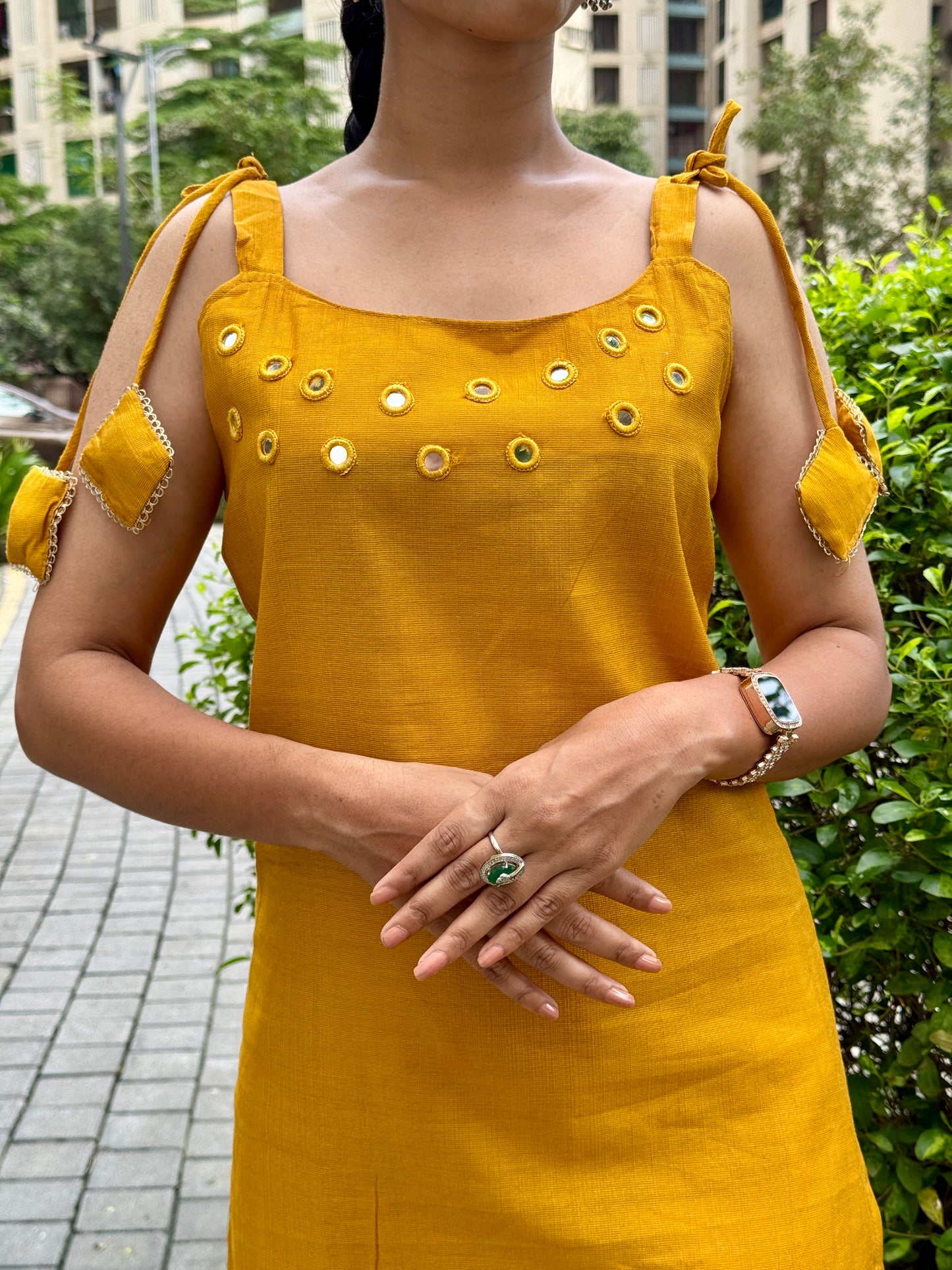 YelloMustardw Mirror Work Kurta Set with Dupatta – Festive Elegance