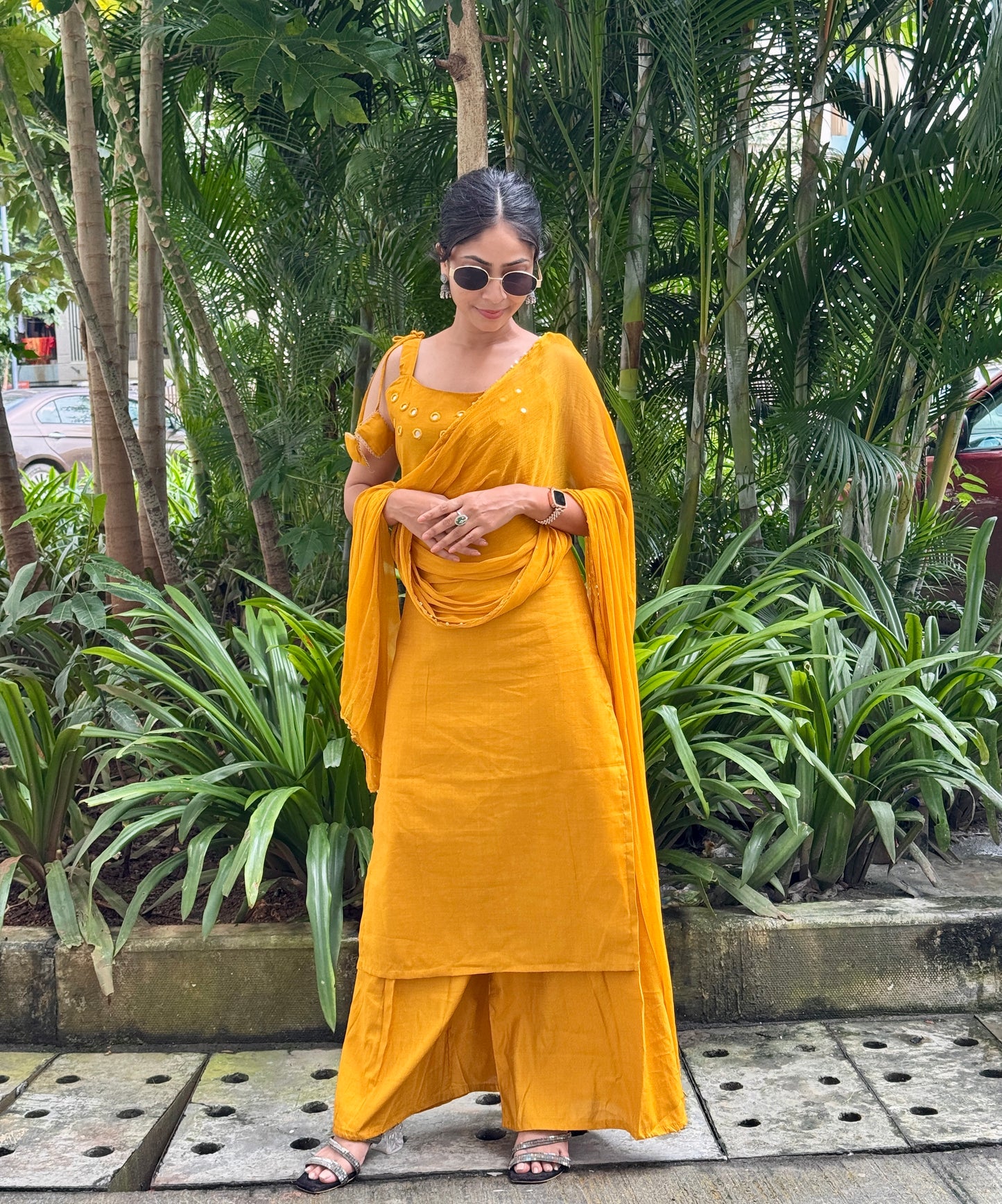 YelloMustardw Mirror Work Kurta Set with Dupatta – Festive Elegance