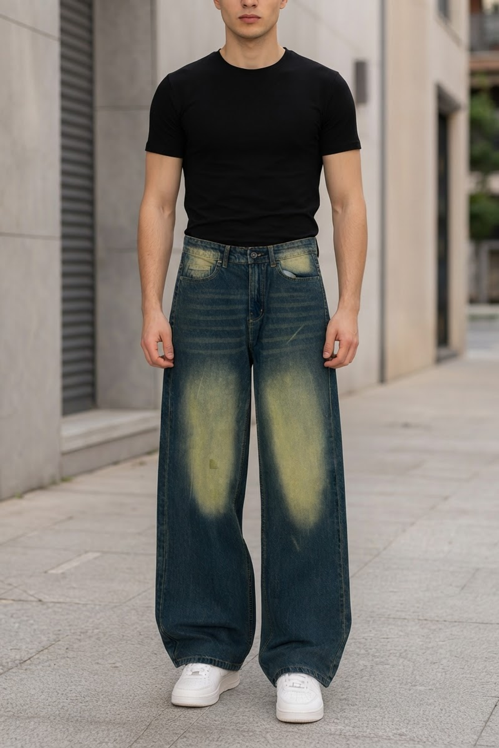 Wide-Leg Washed Denim Jeans