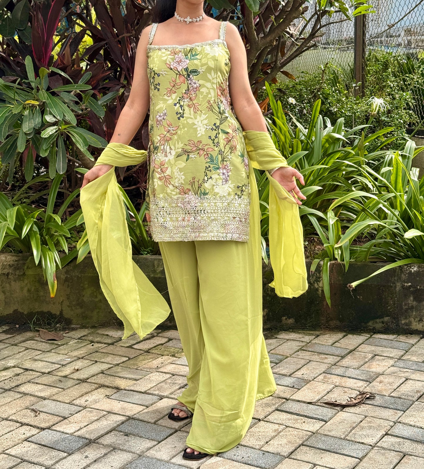 🌸 Lime Green Floral Kurta Set with Palazzo – Traditional Elegance