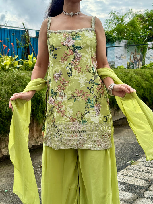 🌸 Lime Green Floral Kurta Set with Palazzo – Traditional Elegance