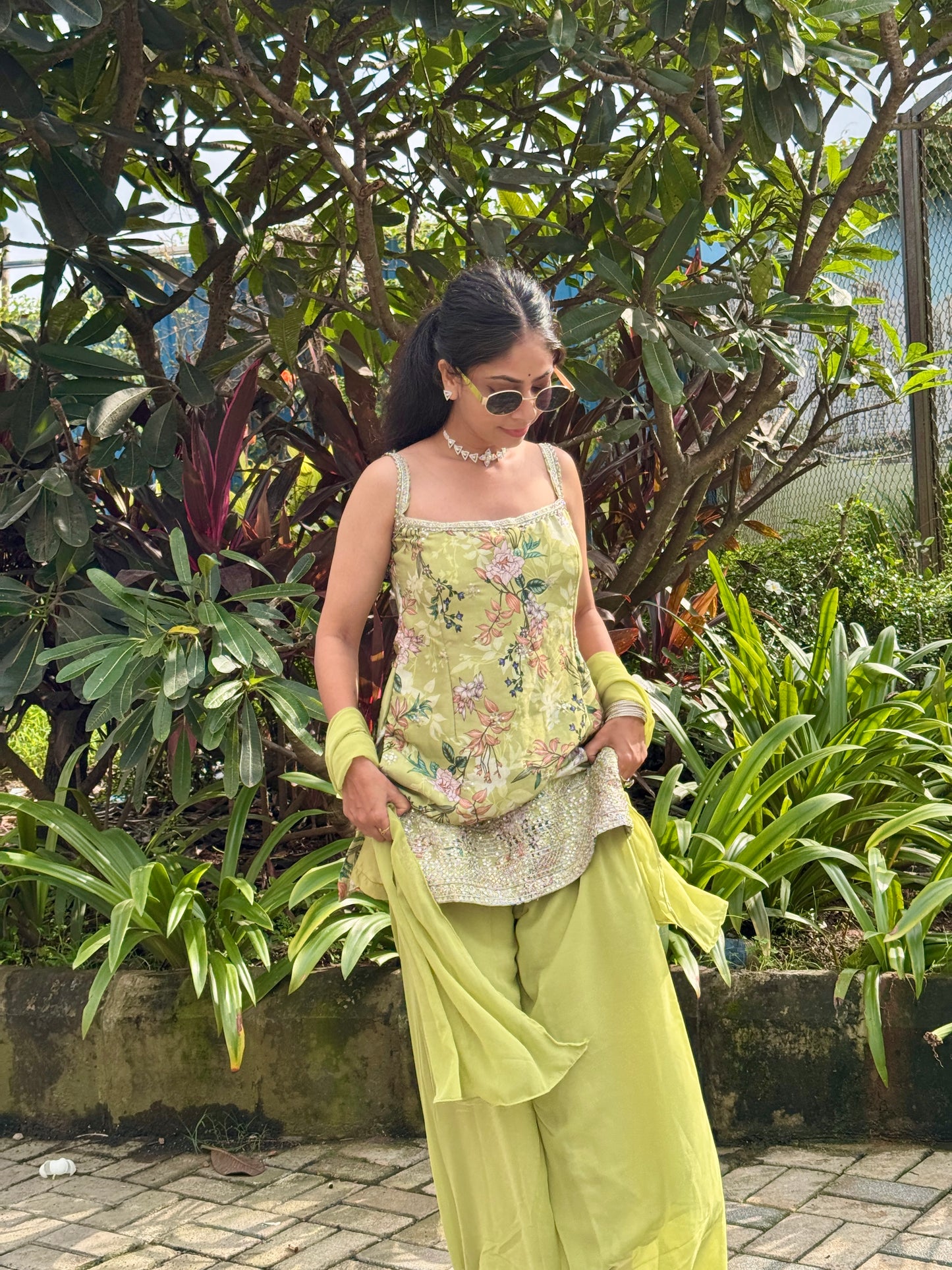 🌸 Lime Green Floral Kurta Set with Palazzo – Traditional Elegance
