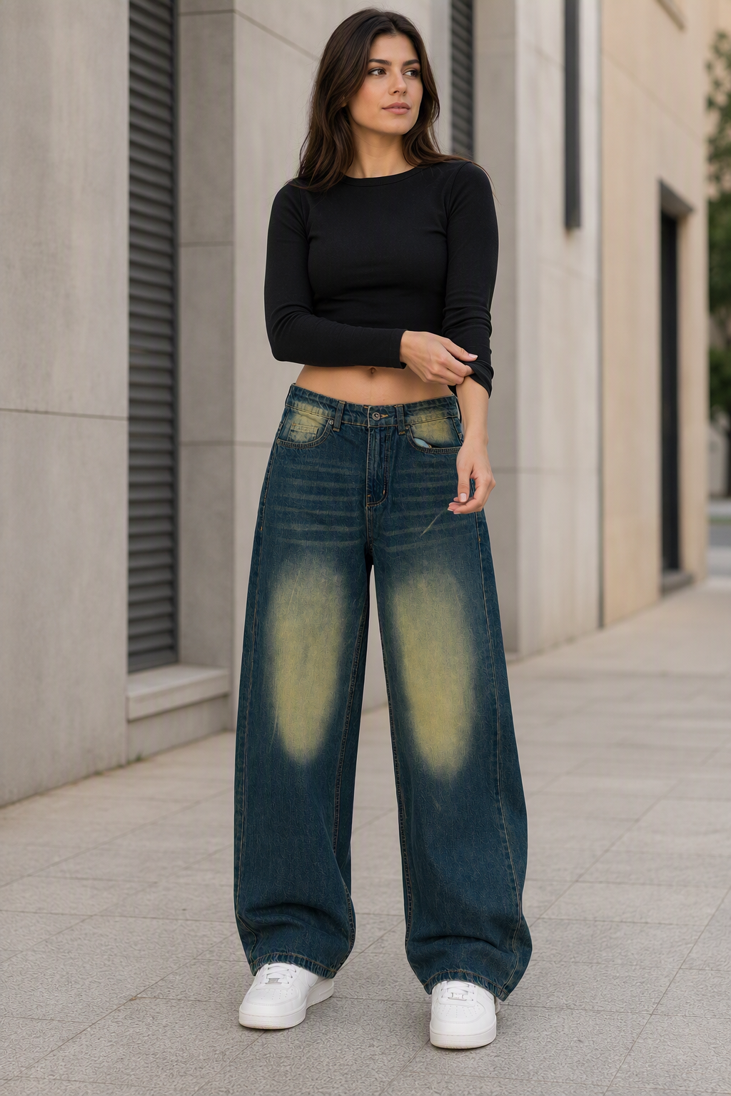 Wide-Leg Washed Denim Jeans